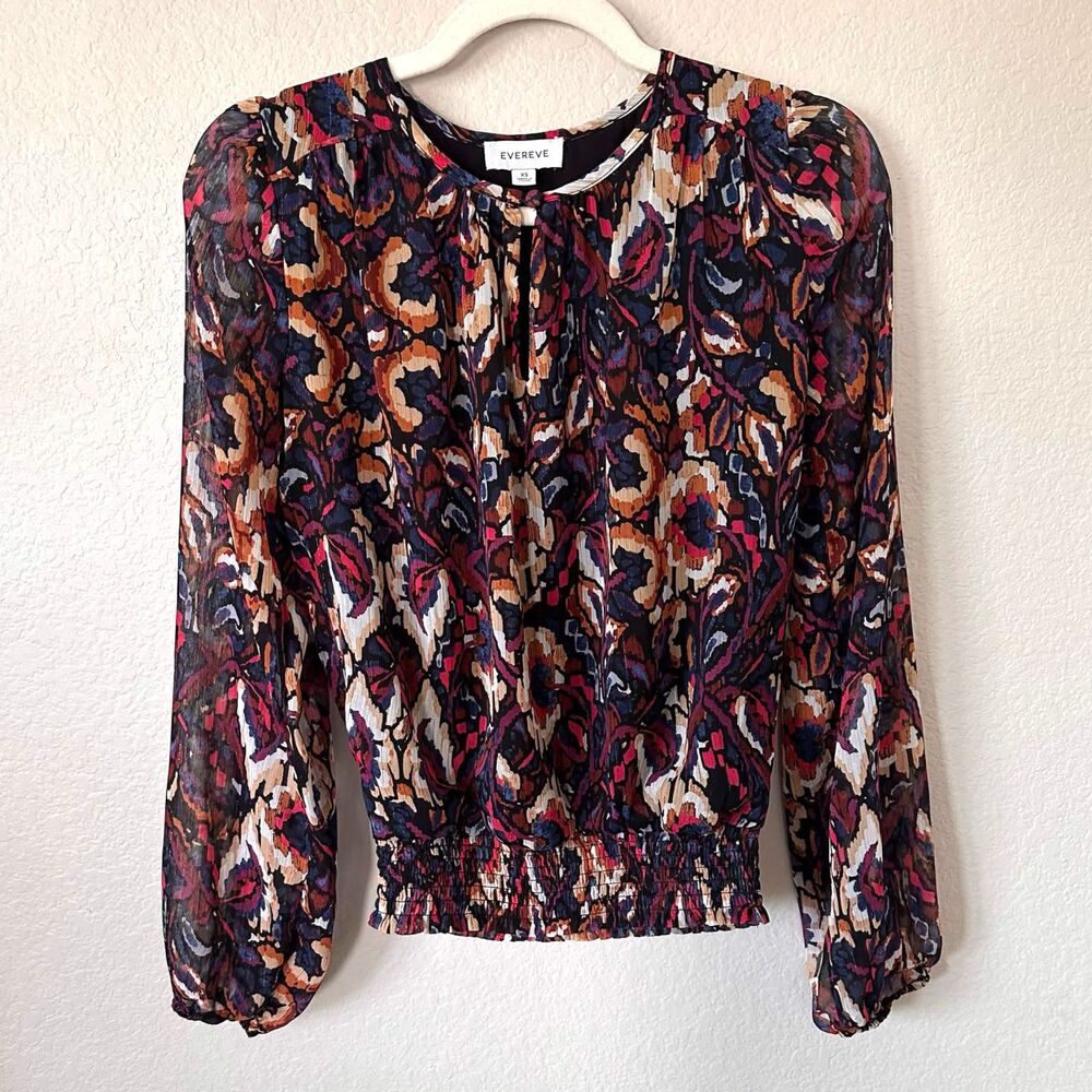 Evereve Smocked Mock Neck Floral Metallic Blouse Black Whimsigoth Romantic XS